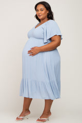 Light Blue Smocked Ruffle Maternity Plus Dress