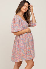 Pink Floral Pleated Puff Sleeve Maternity Dress