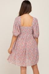 Pink Floral Pleated Puff Sleeve Maternity Dress