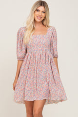 Pink Floral Pleated Puff Sleeve Dress