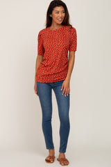 Rust Floral Ruched Puff Sleeve Ribbed Top