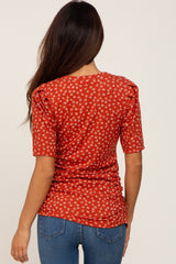 Rust Floral Ruched Puff Sleeve Ribbed Top