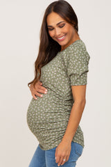 Olive Floral Ruched Puff Sleeve Ribbed Maternity Top