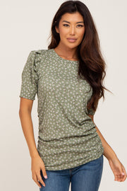 Olive Floral Ruched Puff Sleeve Ribbed Top