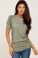 Olive Floral Ruched Puff Sleeve Ribbed Maternity Top