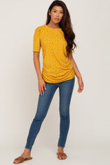 Yellow Floral Ruched Puff Sleeve Ribbed Top