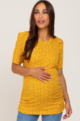 Yellow Floral Ruched Puff Sleeve Ribbed Maternity Top