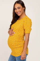 Yellow Floral Ruched Puff Sleeve Ribbed Maternity Top