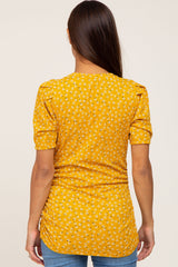 Yellow Floral Ruched Puff Sleeve Ribbed Maternity Top