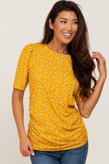 Yellow Floral Ruched Puff Sleeve Ribbed Maternity Top