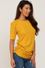 Yellow Floral Ruched Puff Sleeve Ribbed Top