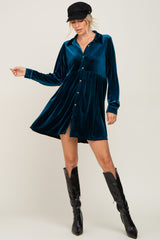 Dark Teal Velvet Button Down Mini Dress