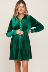 Emerald Green Velvet Button Down Maternity Mini Dress