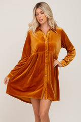 Dark Yellow Velvet Button Down Mini Dress