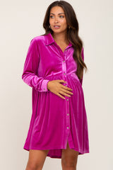 Magenta Velvet Button Down Maternity Mini Dress