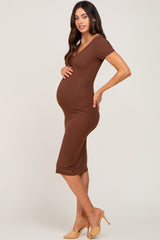 Brown Basic Ribbed Maternity Fitted Midi Dress