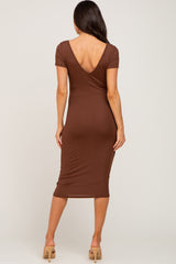 Brown Basic Ribbed Maternity Fitted Midi Dress