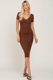 Brown Basic Ribbed Fitted Midi Dress