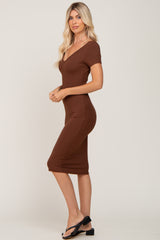 Brown Basic Ribbed Fitted Midi Dress