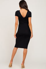 Black Basic Ribbed Maternity Fitted Midi Dress