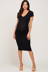 Black Basic Ribbed Maternity Fitted Midi Dress