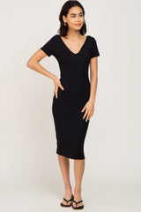 Black Basic Ribbed Maternity Fitted Midi Dress