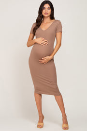 Taupe Basic Ribbed Maternity Fitted Midi Dress