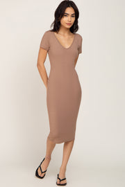 Taupe Basic Ribbed Fitted Midi Dress