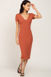 Rust Basic Ribbed Fitted Midi Dress