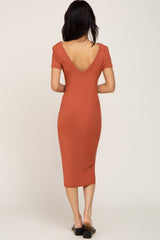 Rust Basic Ribbed Fitted Midi Dress