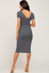 Charcoal Basic Ribbed Maternity Fitted Midi Dress