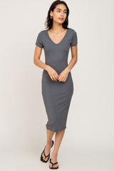 Charcoal Basic Ribbed Fitted Midi Dress