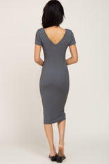 Charcoal Basic Ribbed Fitted Midi Dress