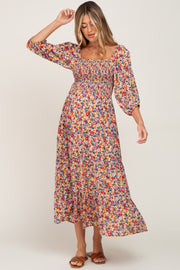 Multi-Colored Floral Lace-Up Back Maternity Maxi Dress