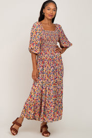 Multi-Colored Floral Lace-Up Back Maxi Dress