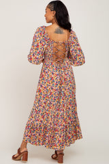 Multi-Colored Floral Lace-Up Back Maxi Dress