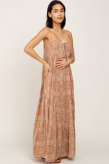 Camel Floral Tiered Front Tie Maxi Dress