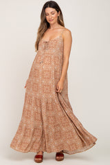 Camel Floral Tiered Front Tie Maternity Maxi Dress