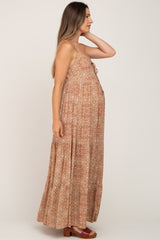 Camel Floral Tiered Front Tie Maternity Maxi Dress