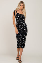 Black Floral Sleeveless Ruched Maternity Midi Dress