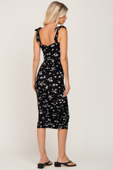 Black Floral Sleeveless Ruched Midi Dress