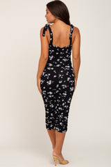 Black Floral Sleeveless Ruched Maternity Midi Dress