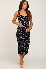 Black Floral Sleeveless Ruched Maternity Midi Dress