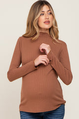 Camel Ribbed Long Sleeve Mock Neck Maternity Top