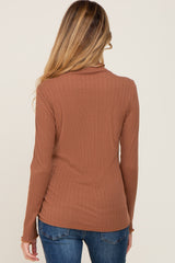 Camel Ribbed Long Sleeve Mock Neck Maternity Top