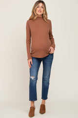 Camel Ribbed Long Sleeve Mock Neck Maternity Top