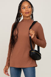 Camel Ribbed Long Sleeve Mock Neck Top