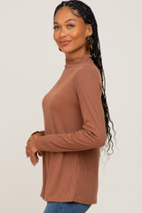 Camel Ribbed Long Sleeve Mock Neck Top