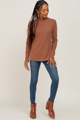 Camel Ribbed Long Sleeve Mock Neck Top