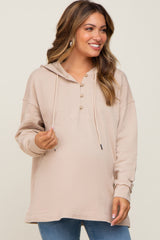 Beige Button Front Hooded Maternity Top